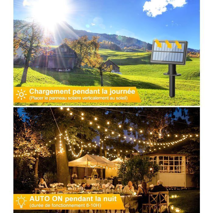 Guirlande lumineuse solaire d'extérieur de 15 m, ampoules LED G40, étanche IP65, idéale pour jardin, terrasse et mariage