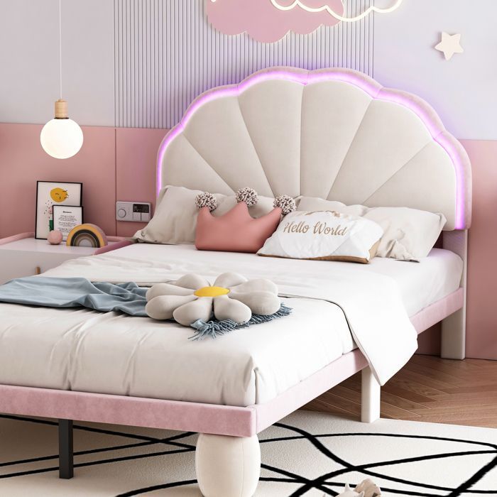 Cama de solteiro - SINGULARITY - Cama estofada 90x200 cm - Cabeceira recortada e capitonê - LED multicolorido - Veludo bege e rosa