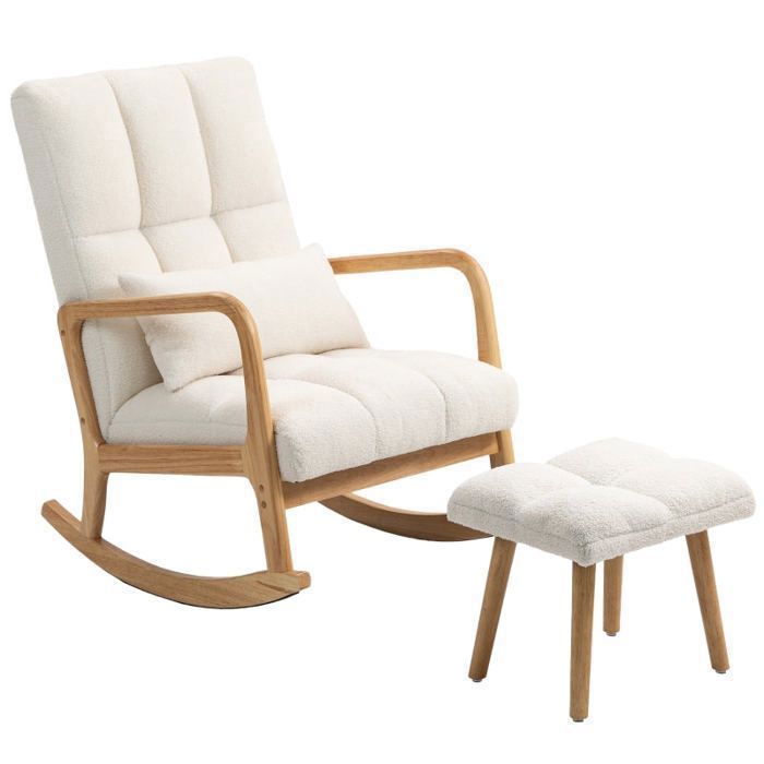 MEUBLES COSY Fauteuil à bascule avec repose-pieds, revêtement polaire blanc, dossier haut et structure bois naturel