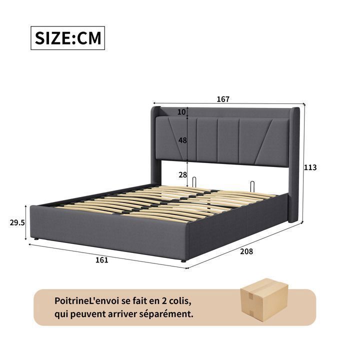 Lit coffre double 160 x 200 cm en lin gris, Lit adulte avec Prise port USB et Type-C, Rangement hydraulique, Sommier à lattes