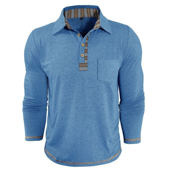 Polo da uomo a maniche lunghe, vestibilità regolare, con taschino, colori a contrasto, primavera/autunno - Taglia UE - Azzurro chiaro