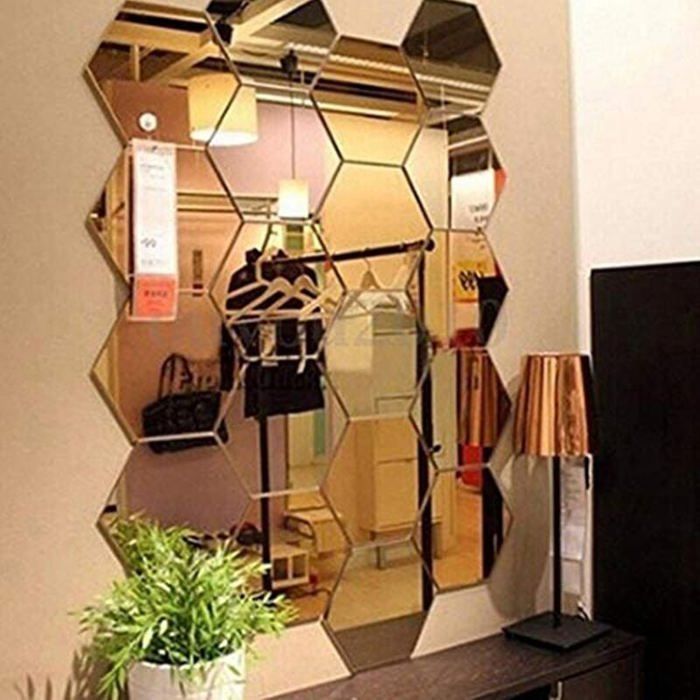12 pegatinas de pared hexagonales de espejo de 10 cm, hexágonos acrílicos decorativos 3D para bricolaje, azulejos de plástico para pared y mesa de sala de estar.