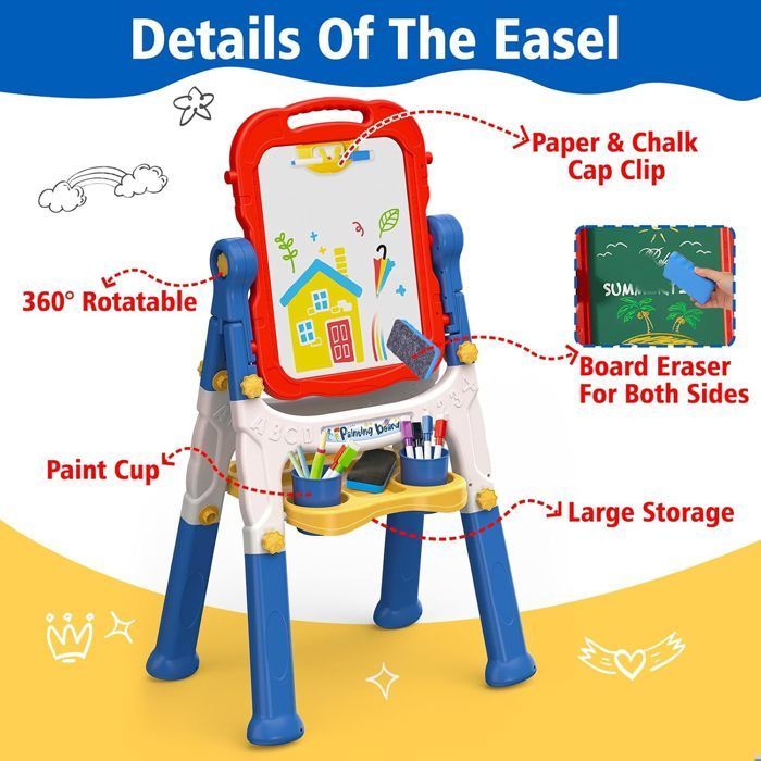 Cavalete de pintura infantil, tela dupla face para crianças - perna ajustável, tela magnética para meninos e meninas