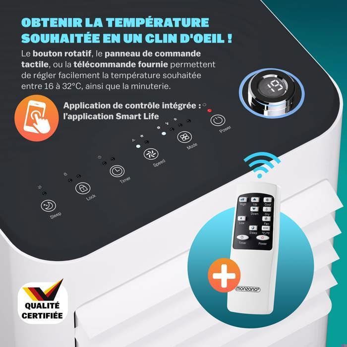 Climatiseur mobile MONZANA® MZKA2000 Tuyau d'évacuation 7000 BTU 4in1 750W 24h Timer Déshumidificateur Kit volet roulant