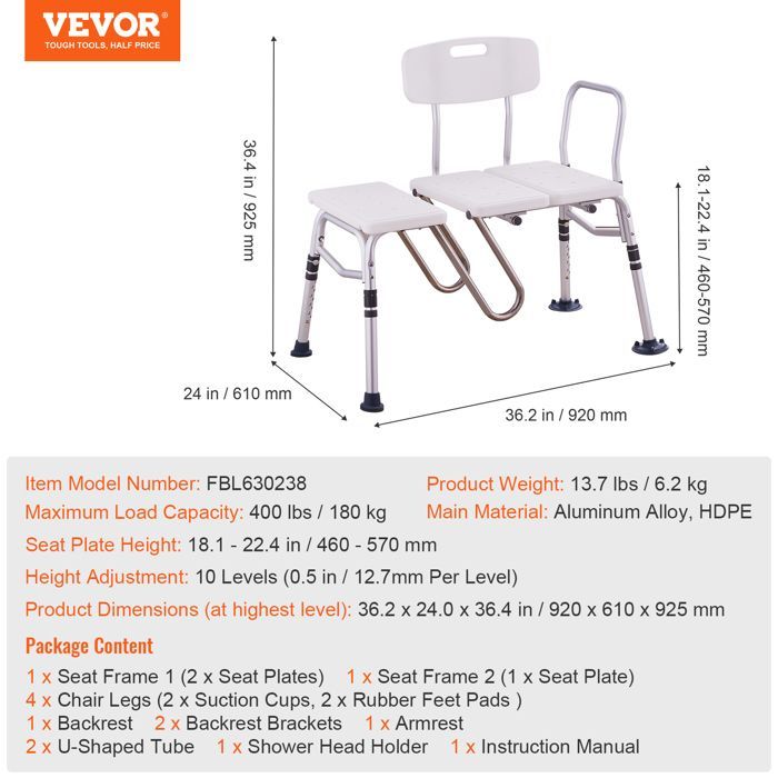 Banco de transferencia para baño VEVOR con cortina protectora en forma de U y respaldo reversible - Capacidad de 400 kg