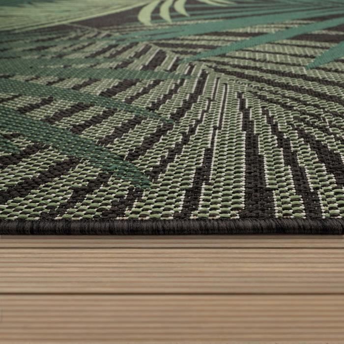 Alfombra de exterior Paco Home para patio, sala de estar, cocina, estampado floral bohemio con palmeras, verde y negro, redonda de 200 cm.