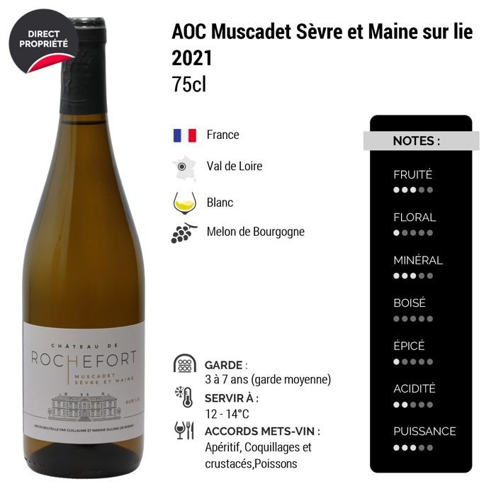Château de Rochefort Muscadet Sèvre et Maine sur lie 2021 - Vino bianco della Valle della Loira (6x75cl)