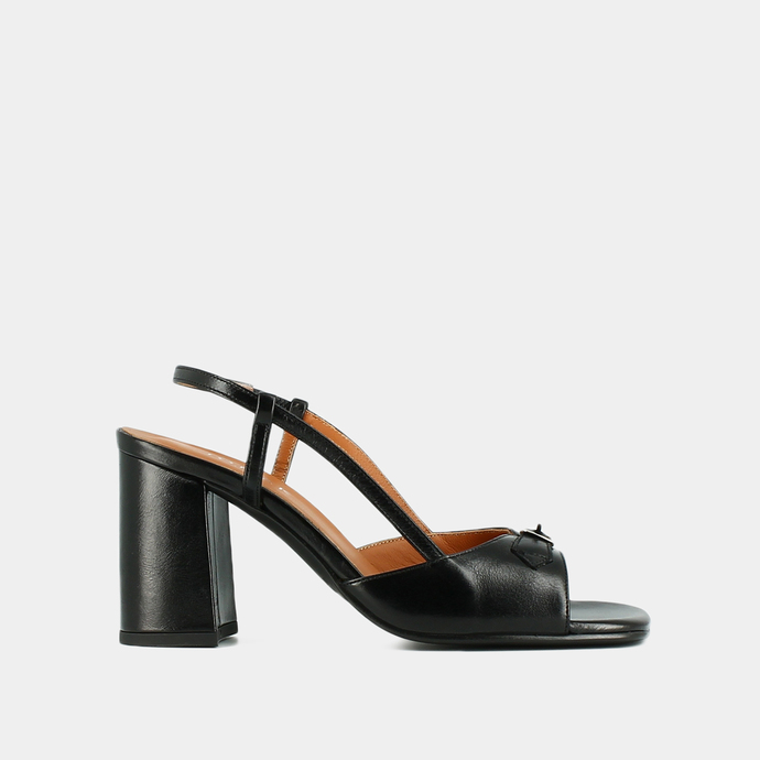 Sandales à talons et bouts carrés  en cuir vieilli noir