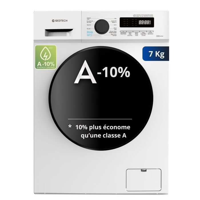 Lave-linge frontal GEDTECH GLL71200WH - 7 Kgs - 1200 tr/mn - 16 programmes - Eco - Intensif -  Rapide – Très Faible conso