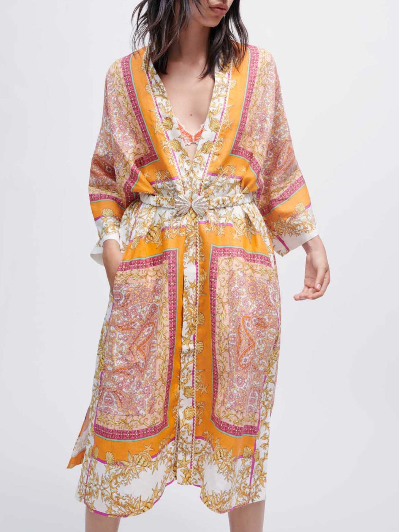 Kimono din in cu eșarfă imprimată - Foulard Coquillage