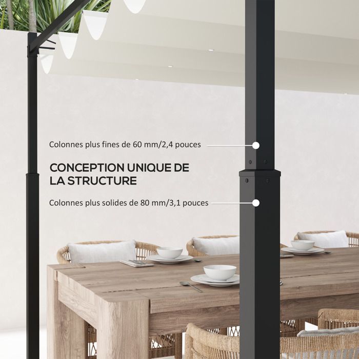 Pérgola de jardín exterior - Outsunny - 3 x 3 m - techo retráctil y fijación magnética - protección solar UPF30+ - color crema