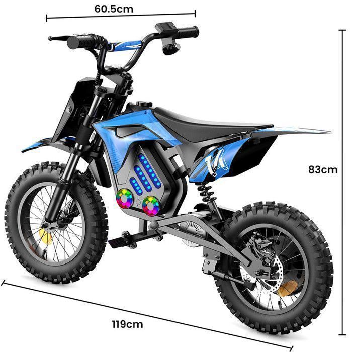 Moto électrique pour enfants A14 Bleu, 500W, 3 Vitesses 8-27KM/H, Pneus 14’’ tout-terrain, Autonomie 22 km, Bluetooth, Amortisseurs