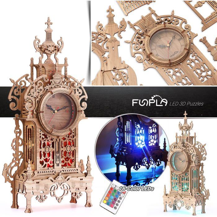 Puzzle 3D Maquette en Bois Funpola LED Horloge Steampunk DIY Kit