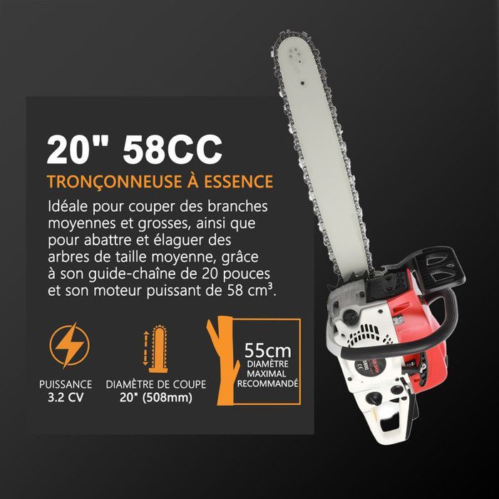 Motosega professionale a benzina da 58 cc – FIANAO – Barra guida da 20”, 13.000 giri/min, serbatoio carburante da 550 ml, catena di sicurezza
