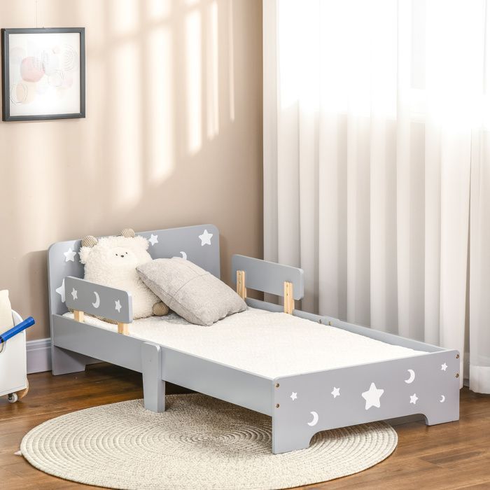 Lit pour enfants - ZONEKIZ - de 3 à 6 ans - design étoiles et lune - sommier à lattes inclus - 143 x 76 x 49 cm - gris