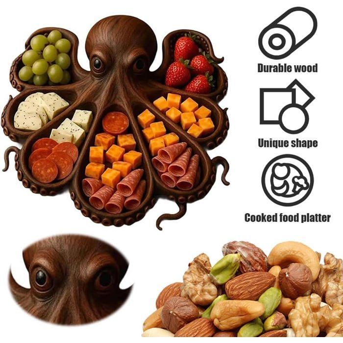 Nautical-themed wooden serving tray - ULISEM - For cheese, charcuterie, fruit - Beach and nautical decoration - Octopus design