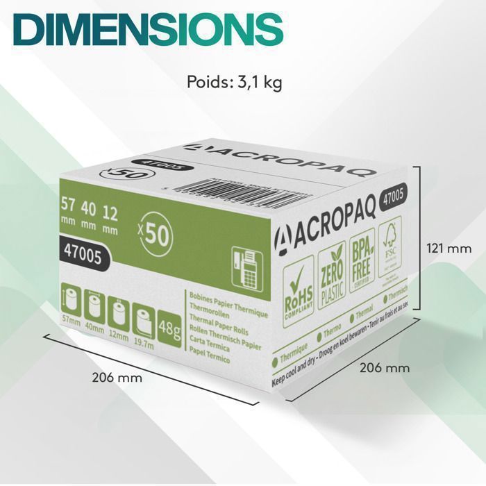 ACROPAQ 50 rollos térmicos para terminales de pago 57x40x8mm - 19,7m - 50 rollos EFT - Sin BPA - Tamaño universal