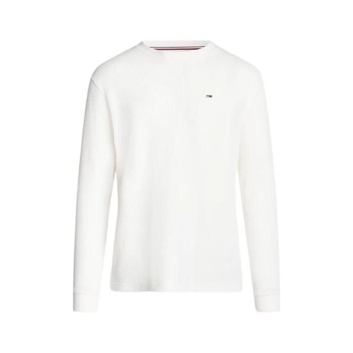 Pull homme - TOMMY JEANS - Ref 63673 YBH - Blanc - Tissage alvéolé - Écusson drapeau