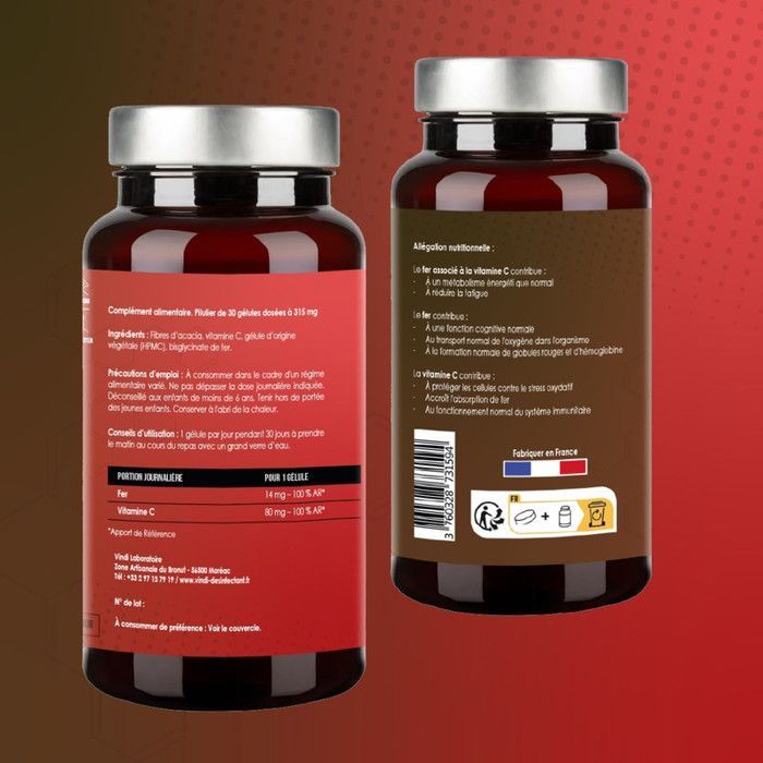 Fer Bisglycinate – Énergie & Immunité, 30 Gélules, Complément Alimentaire, Vindi Nutrity