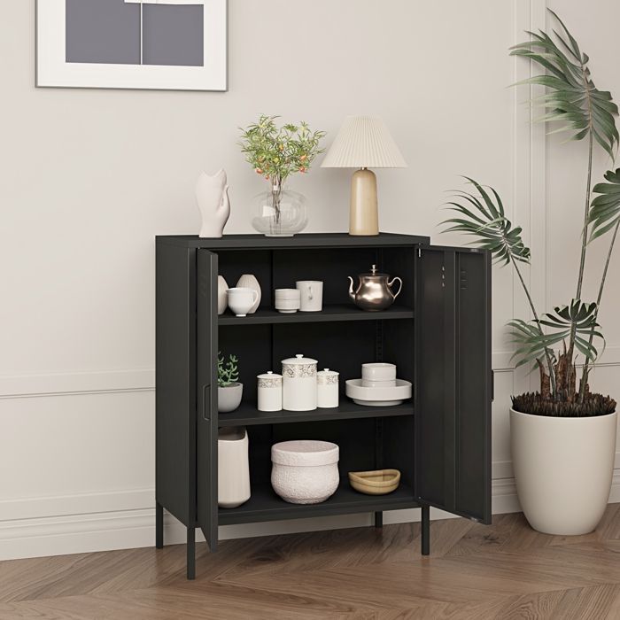 Mobiletto in metallo Pyhäranta, acciaio, 102 x 80 x 40 cm, nero opaco