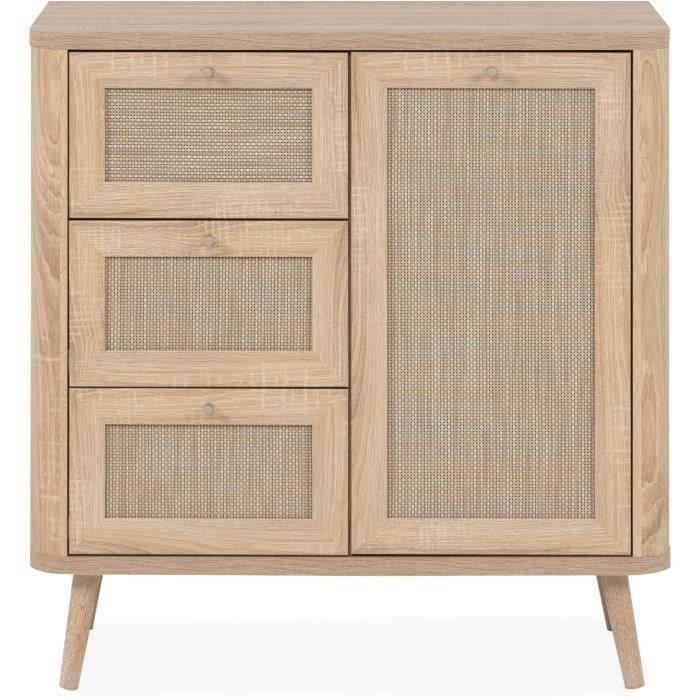 Small storage unit - 3 drawers - 1 door - Cane finish - W80.9 x H84 x D40 cm