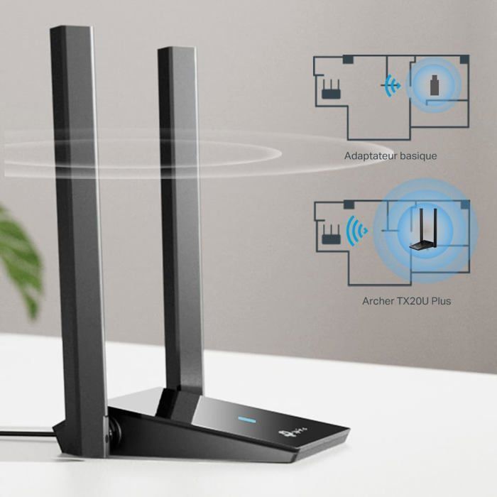 Clé WiFi 6 AX1800 Archer TX20U Plus, Adaptateur USB Bi-Bande 2.4/5GHz, Antennes 5dBi, WPA3, Windows 11/10