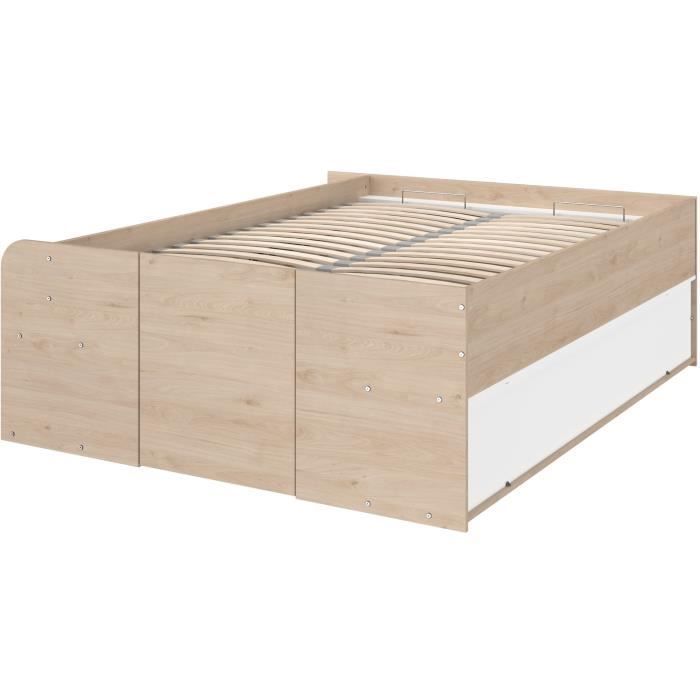 Cama con almacenamiento para adultos ODYSSEE - 140x190/200 cm - Con compartimento de almacenamiento elevable - Acabado en roble y blanco - 168,3x66,5x209,5 cm