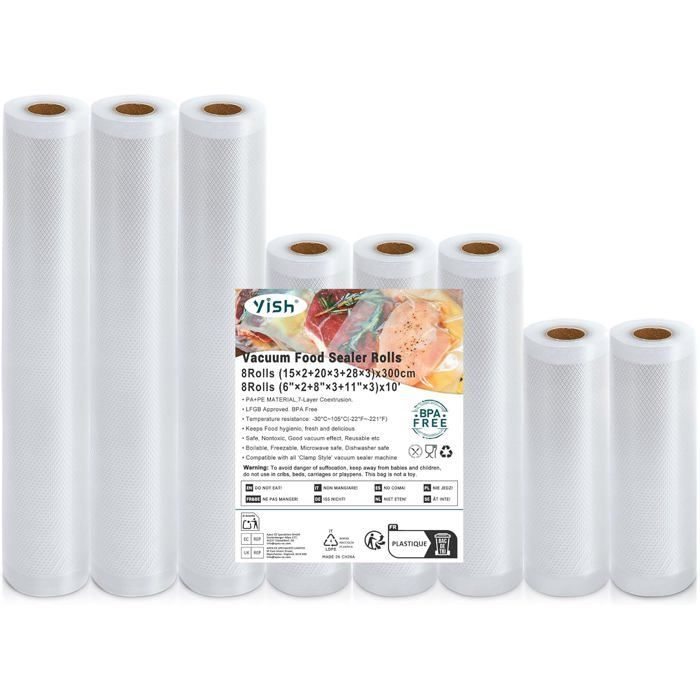 Rouleau Sous Vide Alimentaire 8 Packs：28/20/15/X300 Cm Sac Sous Vide Alimentaire 170µm, Film Sous Vide Alimentaire Gaufré [YC703]