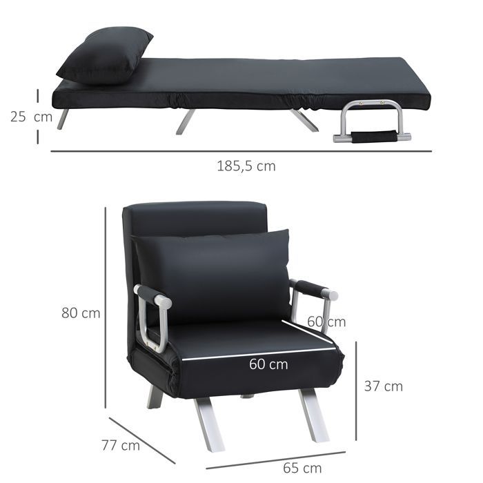 Sillón/sofá cama convertible - HOMCOM - 1 plaza con funda extraíble para máximo confort - metal efecto ante - negro