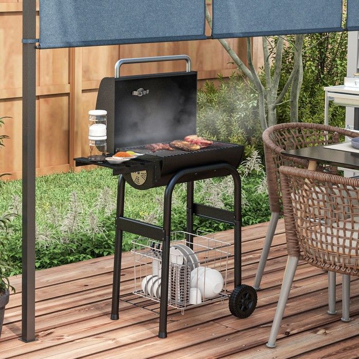Outsunny houtskoolbarbecue - met planken, wielen, deksel, thermometer en schoorsteen - metaal - zwart