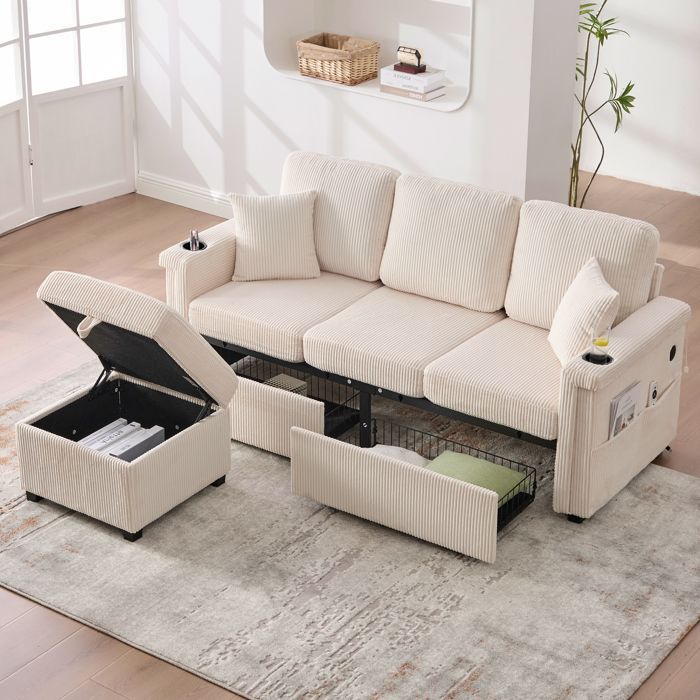 Modular 3-Seater Sofa with LED Lighting, 2 Storage Drawers, Storage Ottoman and Cup Holder - Corduroy - Beige