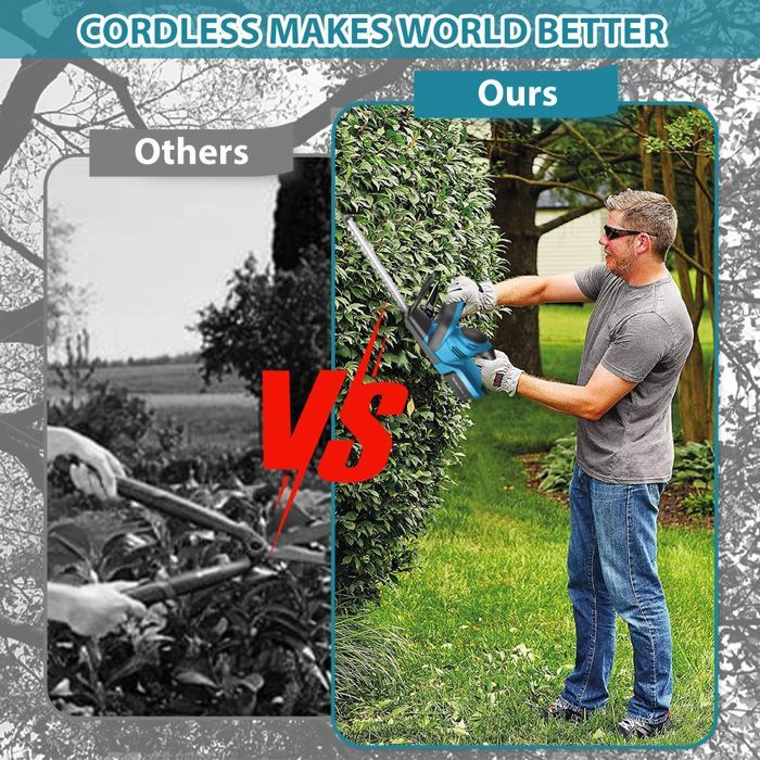 21V cordless hedge trimmer with 2 batteries, brushless motor, speed: 2000RPM, power: 800W for trimming trees.