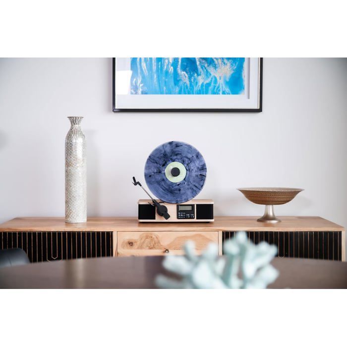 Vertikaler Bluetooth-Plattenspieler, Unterstützung für Albumcover, integrierte Lautsprecher, UKW-Radio, Design im Stil der Mitte des 20. Jahrhunderts