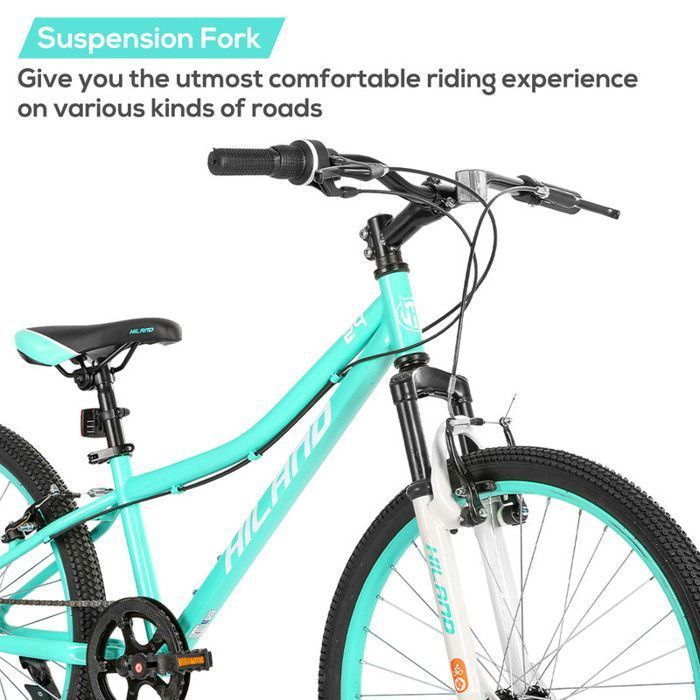 Hiland Vélo enfant 24 pouces, dérailleur Shimano 7 vitesses, VTT unisexe, fourche suspendue, freins V-Brake - Vert