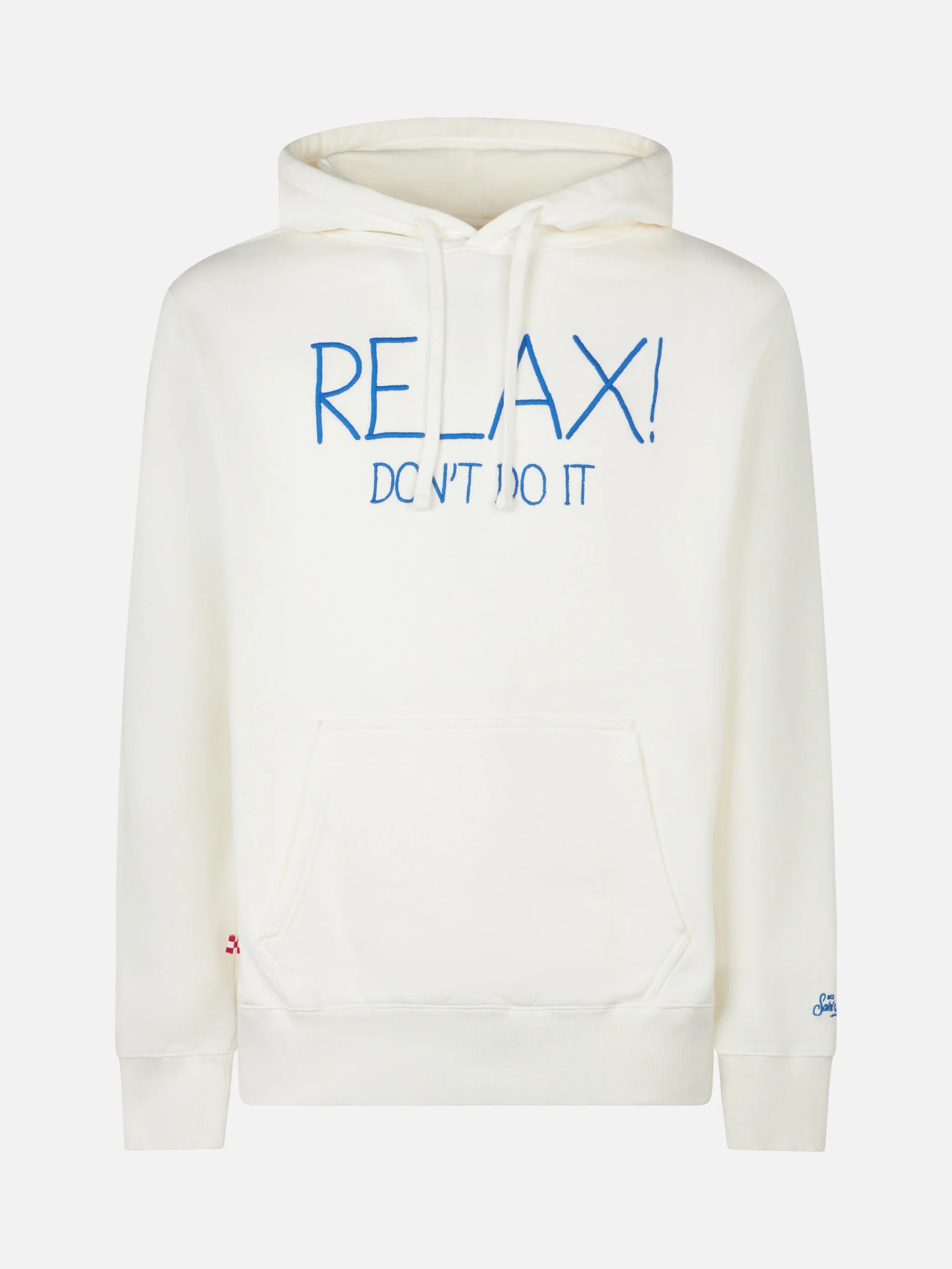 Witte herensweatshirt met borduursel 'Relax Don't do it'.