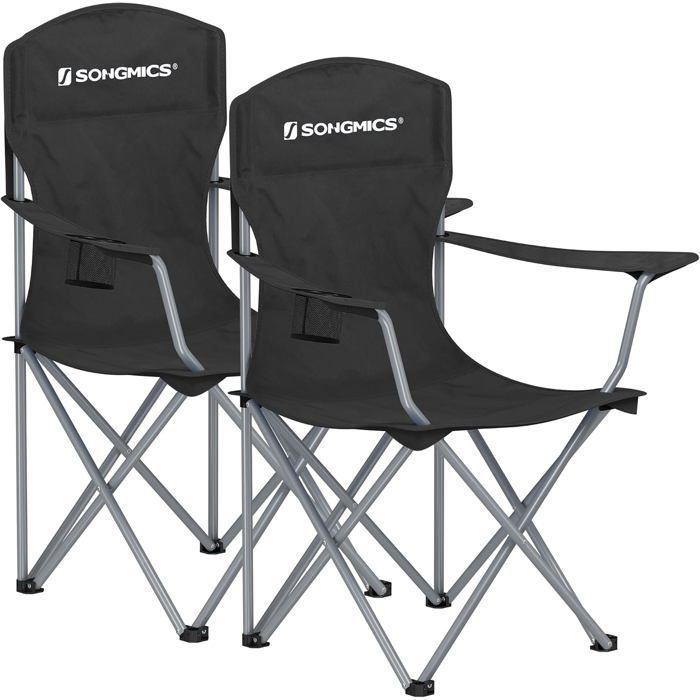 Juego de 2 sillas de camping SONGMICS - Construcción robusta - Carga máxima de 150 kg - Con portabotellas - Negro