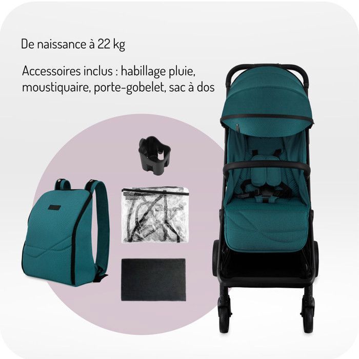 MoMi ANDREA - Poussette auto-pliant 0m+ jusqu’à 22 kg - Légère 7,3 kg - Barre rotative - Kit accessoires + sac à dos - Turquoise
