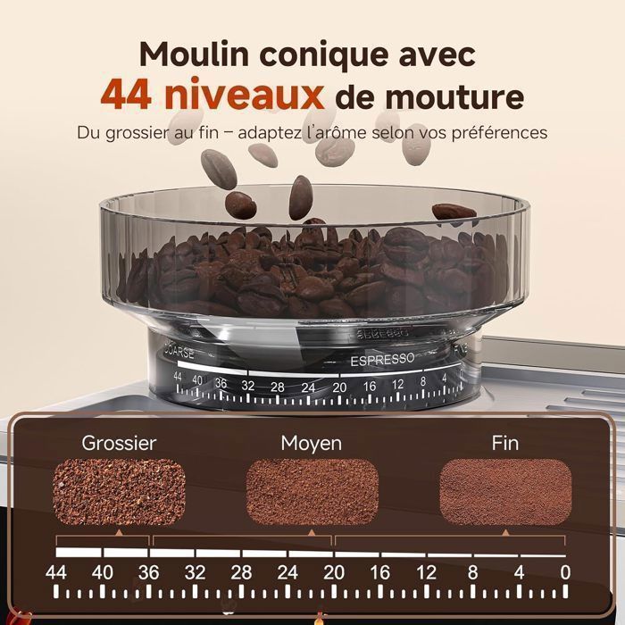 Máquina de café AMZCHEF com moedor, 44 configurações de moagem, máquina de expresso, 20 bars, aço inoxidável