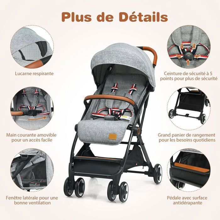 Poussette Bébé 0-3 Ans Pliable à une Main avec Tige COSTWAY Dossier-Repose-pieds Réglables-Auvent Rétractable-Sangle d'Attache Gris