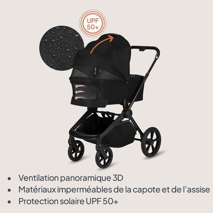 Poussette combinée Duo 2en1 LIONELO Freya - Nacelle - Pliable un clic - Accessoires - Jusqu'à 22 kg - Noir