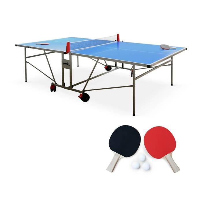 Tavolo da ping pong blu da esterno con 2 racchette e 3 palline