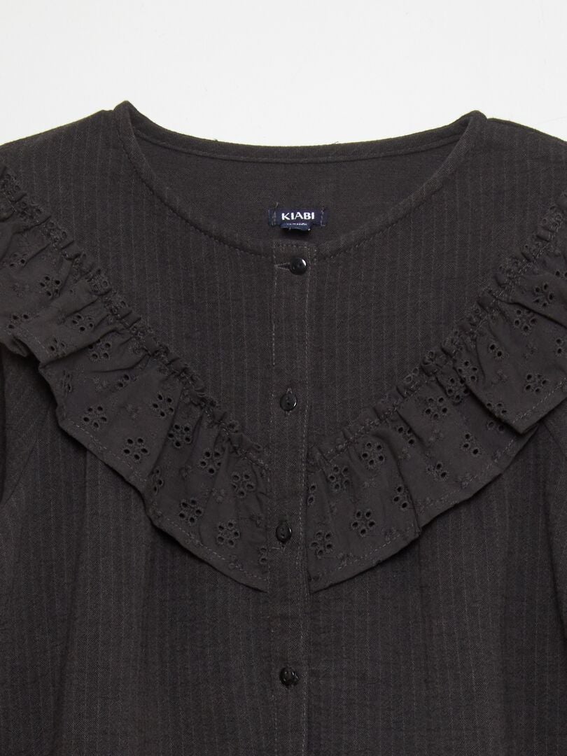 Blusa de gaze de algodão com aplique de babados - PRETA