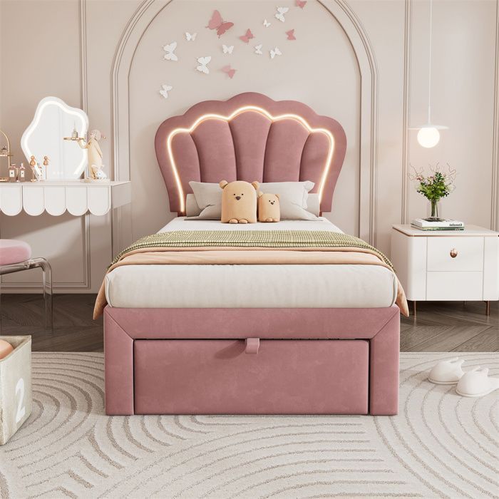Cama infantil de 90x190 cm con cajón - Control por aplicación LED - Cabecero ajustable - Base de láminas - Terciopelo - Rosa
