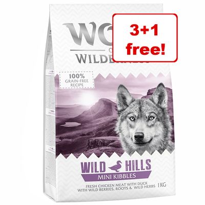 x 1 kg Wolf of Wilderness -kuivaruokaa koirille - 3 + 1 ilmaiseksi!*