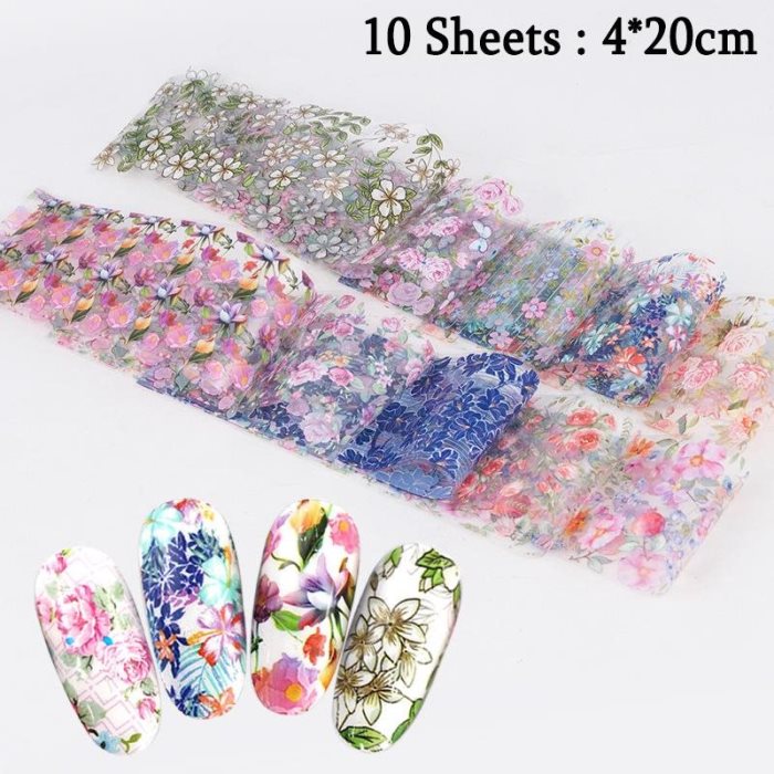 Lot de 10 feuilles à ongles autocollantes à fleurs assorties, pour nail art et décoration. Outil de manucure inclus.