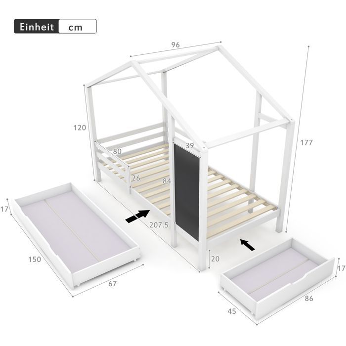 Letto a castello per bambini 90x200cm - MODERNLUXE - Bianco - Con lavagna e 2 cassetti