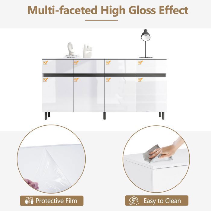 Credenza bianca lucida da 160 cm, mobile contenitore moderno con ripiani regolabili, 4 cassetti e 4 ante, ideale per soggiorno e sala da pranzo.