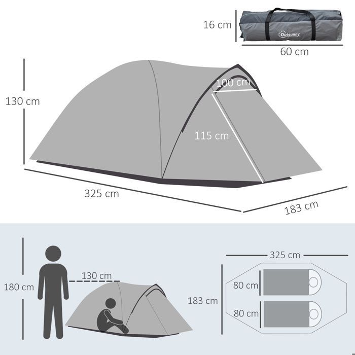 Camping Tent - Outsunny - 2-3 person lightweight ventilated waterproof dome tent with 2 doors and windows - PE polyester - 3.25x1.83x1.3m - grey