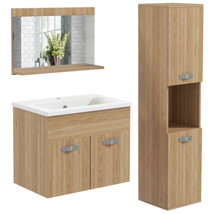 Ensemble de Meubles de Salle de Bain - kleankin - 4 Pièces - Mural - Miroir, Meuble sous Vasque, Lavabo et Armoire Haute - Naturel