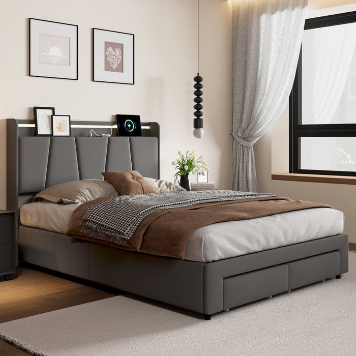 Lit coffre 140 x 190 avec sommier,lit 2 personnes avec LED et USB,pied de lit avec tiroir,lit avec sommier à lattes en